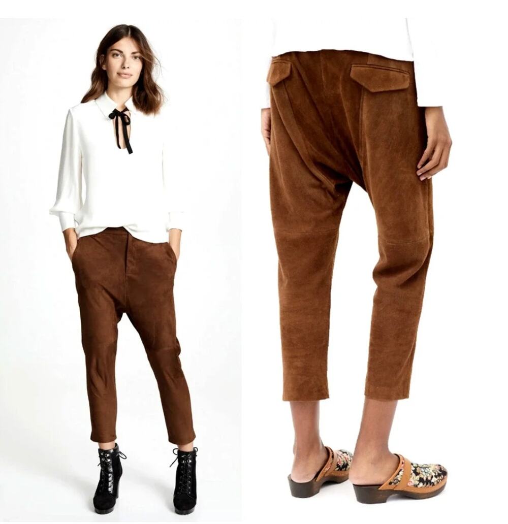 NWT Nili Lotan 0 Suede Paris Pant $1295 Drop Crotch Slouchy Leather Cognac Brown